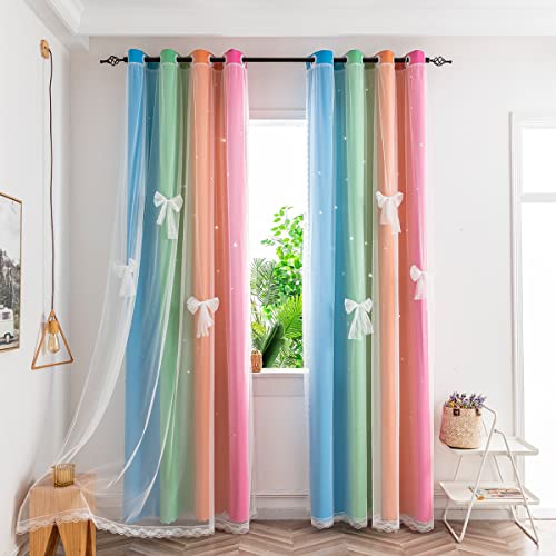 Image of Yancorp Curtains for Girls Bedroom Kids Curtain Hollow-Out Star Window Nursery Curtain 63 inches Length Room Darkening Grommet 2 Layers (Four Colors-R, W52 X L63)