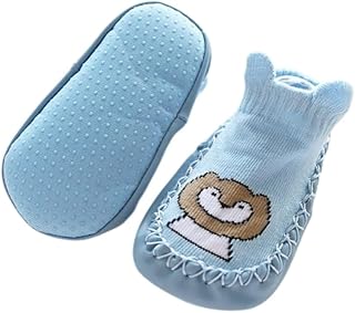 احذية اطفال مضادة للانزلاق مع جورب للمشي بقاعدة مطاطية مصنوعة من الجلد الناعم - احذية رياضية للاطفال (الاولاد والبنات) باشكال كرتونية (ازرق، مقاس 12 سم (12-18 شهر))