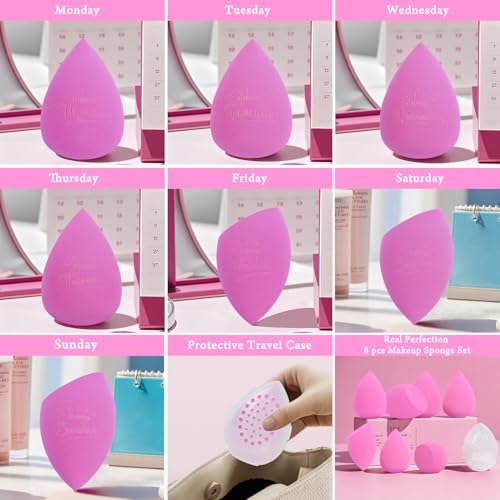 Image of Real Perfection Makeup Sponge Set Blender Sponges, Latex-Free Beauty Makeup Sponges 7 pcs with 1 Travel Container Case for Blending Foundation Liquid Cream and Powder (Pink)