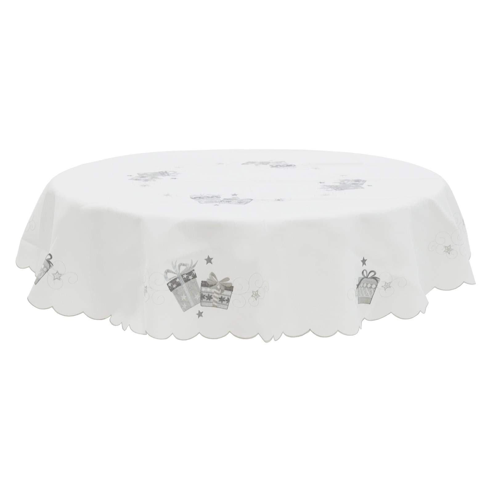Mr Crimbo Christmas Tablecloth White Polyester Fabric Silver Embroidered Presents - 70" Round