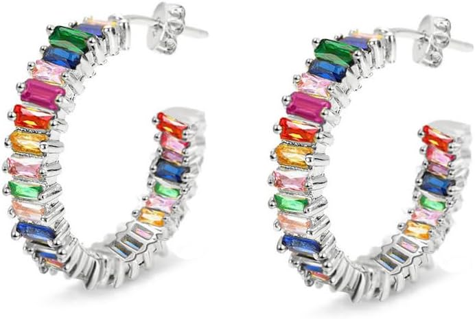 Savlano 14K Gold Plated Cubic Zirconia Multicolor Rainbow Round Hoop Stud Earrings for Women Comes with a Gift Box - Image 3