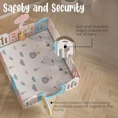 Image of 46 Sq Ft Extra Large Baby Playpen | Lion-Themed 20-Panel Play Yard with Soft Mat & Basketball Hoop | Indoor /Outdoor Toddler Fence | Blue-Pink-White | ISO & CE Certified