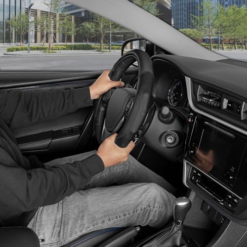 Image of Motor Trend GripDrive Carbon Fiber Steering Wheel Cover, Non-Slip Sporty Racing Faux Leather Ergonomic Comfortable Handle, Steering Wheel Cover for Cars Trucks Vans SUV - Fits Standard 15 Inch - Black