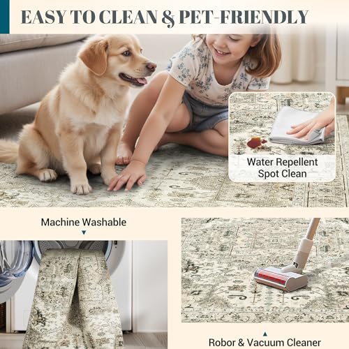 Madane 3x12 Hallway Runner Rug - Non Slip Washable 12ft Runner for Hallways Soft Vintage Kitchen Rugs Low-Pile Carpet Runner for Entryway Bathroom Thin Floor Mat for Bedroom Dining Room, Ivory/Brown