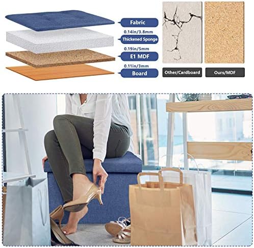 BRIAN & DANY Folding Ottoman Storage Box with Wood Legs, Linen Foot Stool, pouffe footstool with Highly Elastic Sponge Filling, Navy Blue, 38 x 38 x 38 cm
