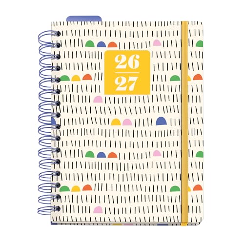 Miquelrius   Agenda Escolar 2026 2027 Día Página A5+, Cartón Forrado y Cierre de Goma, Papel 100 g/m², Doble Espiral, Separadores, Bolsillo Interior, Regla Marcapáginas y Stickers, Sunny Lines