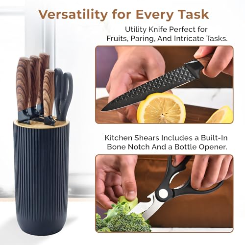 Image of HomeEssentials 5pc Diamond Kitchen Knife Set - Ultra-Sharp Non-Stick Textured Blades - Stainless Steel Chef, Cleaver & Paring Knives - Ergonomic Wood-Grain Handles, Shears & Universal Block Holder