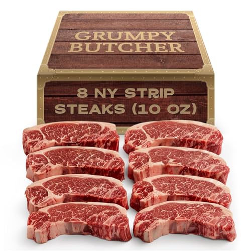 Grumpy Butcher New York Strip Steaks, 8 Pack (10 oz each) - Prime Steakhouse Quality Beef NY Strip Steak Meat - Meat Gift Packages Specials Option Available