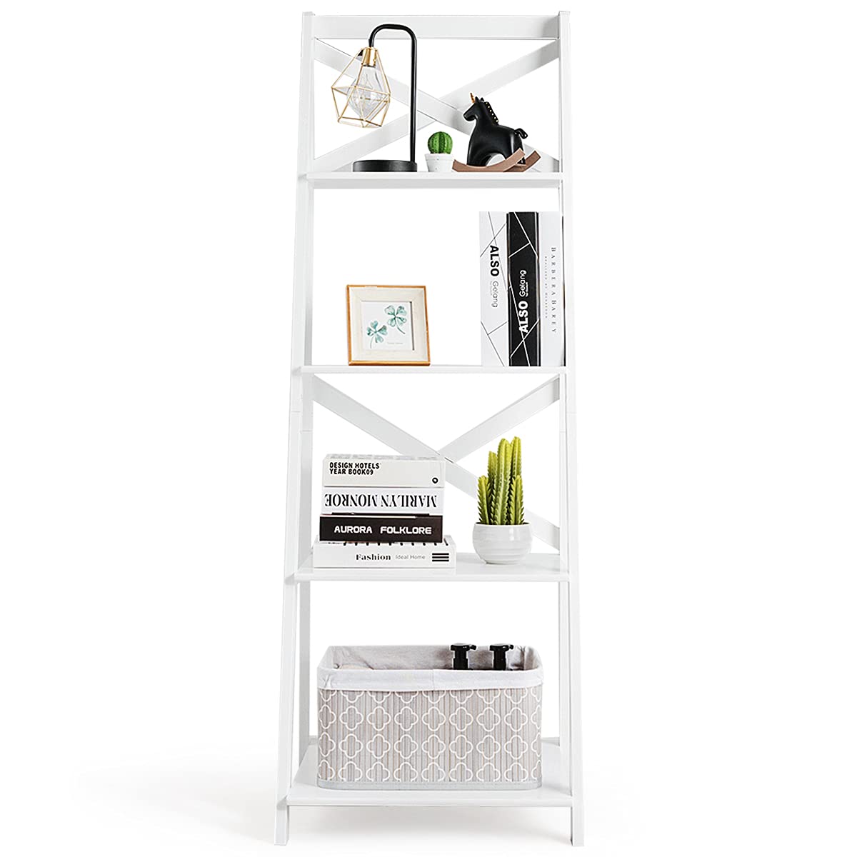 GOPLUS Estantería de escalera de 4 niveles, de madera, para salón, cocina, baño y librería (1, blanco)