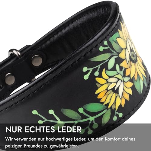 FAVPET Handbemalter Echtleder Windhund Halsband Breit mit QR Code Anhänger, Weiches Lederhalsband Hund Whippet Italienisches Windspiel Saluki Lurcher Spanischer Galgo Podenco (Sonnenblumen, XS)