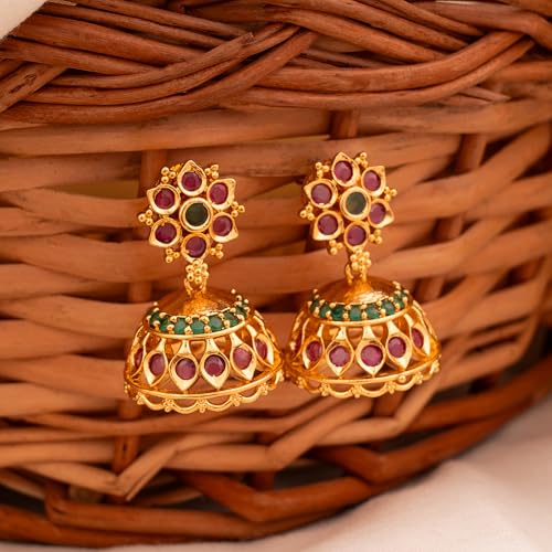 Image of Radha's Creations brass Ruby Emerald stud earrings one gram gold for women and girls one gram gold