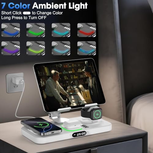 Image of Wireless Charger for Apple Multiple Devices, Charging Station with Clock &7 Color Ambient Light, Foldable Rotate Stand for iPad, for iPhone16 /15 /14, for Apple Watch10 /9 AirPods4 (Adapter Not Included)