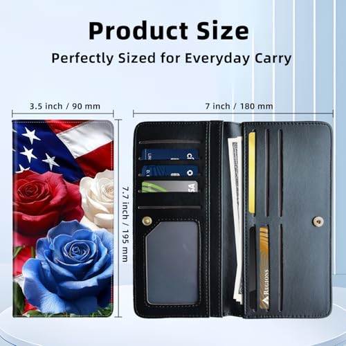 Womens Wallet,RFID Blocking Credit Card Slim Thin Holder,Long Bifold PU Leather Card Organizer,Cash Clutch Billfold Pocket Ladies Minimalist Travel Wallets,American Flag Roses3