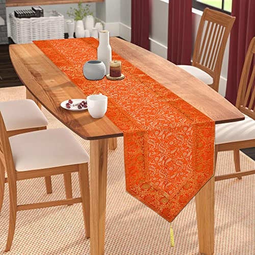 Image of E-EZRA Room Decor Banarasi Silk Handmade Flower V Shape Table Runner Dinning & Centre Table Long Runner Bed Runner Gold Tassels End Size 14 X 80 inches (Orange)