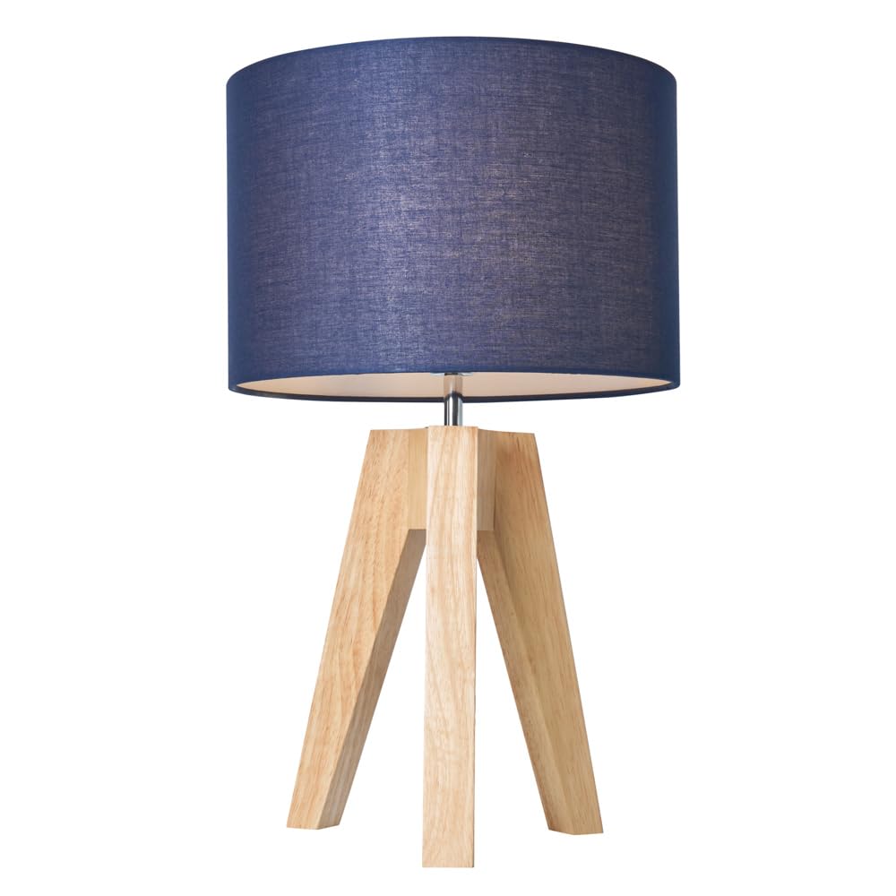 Litecraft Navy Devlin Table Lamp Wooden Tripod Base With Drum Shade - (Natural, )