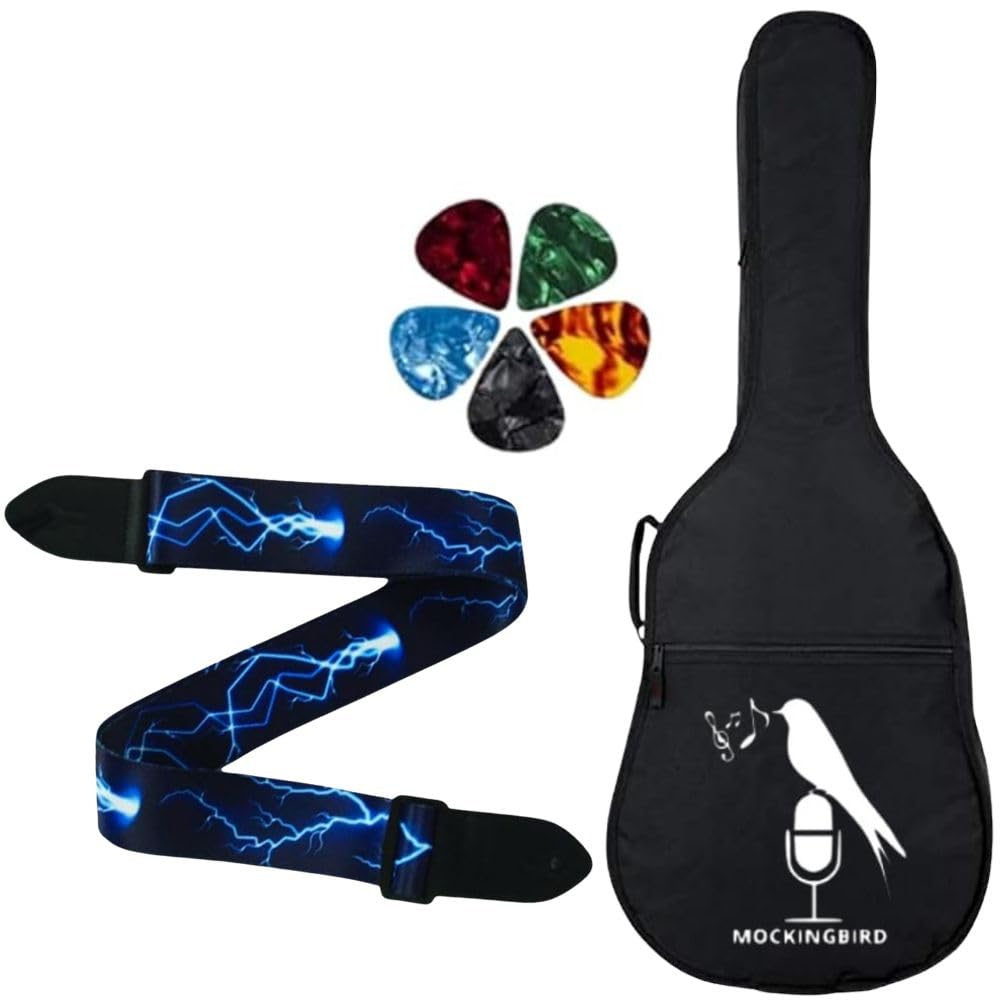 MOCKING BIRD Acoustic Guitar Bag Foam Padded Guitar Cover for 38, 39, 40, 41 inch with Adjustable Guitar Strap and Picks for Acoustic Electric Bass Guitar (Guitar Bag with Blue Thunder Strap)