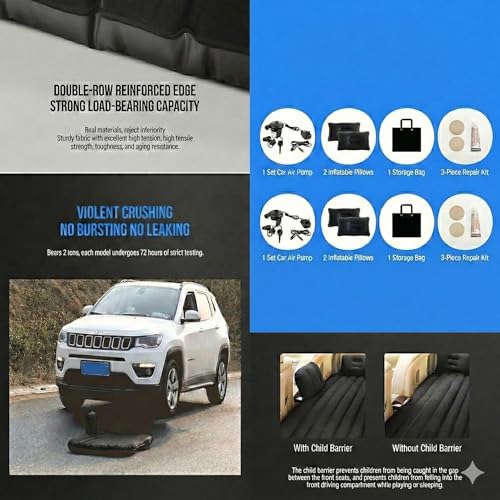 Image of Car Air Mattress - Inflatable Car Bed for Back Seat with Pump & Pillows - Thick Flocked Travel Sleeping Pad for SUV, Sedan, Truck & Minivan - Portable Camping Mattress for Road Trips & Kids (Black)