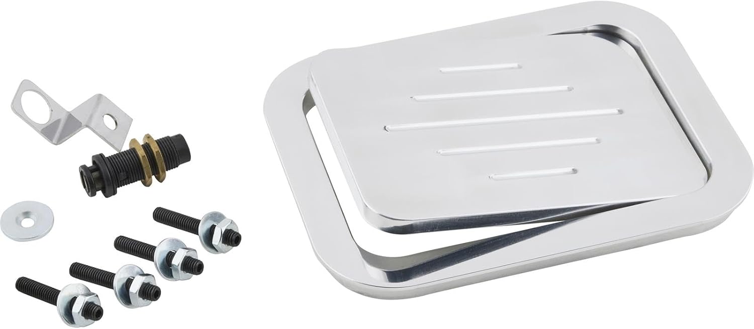 Speedway Motors Billet Aluminum Rectangular Fuel Fill Door, Polished: 5-1/2" x 4-1/4" Outer Dimensions, Magnetic Closure, Ideal for Pick-Up Beds and Flat Surfaces, Includes Mounting Hardware