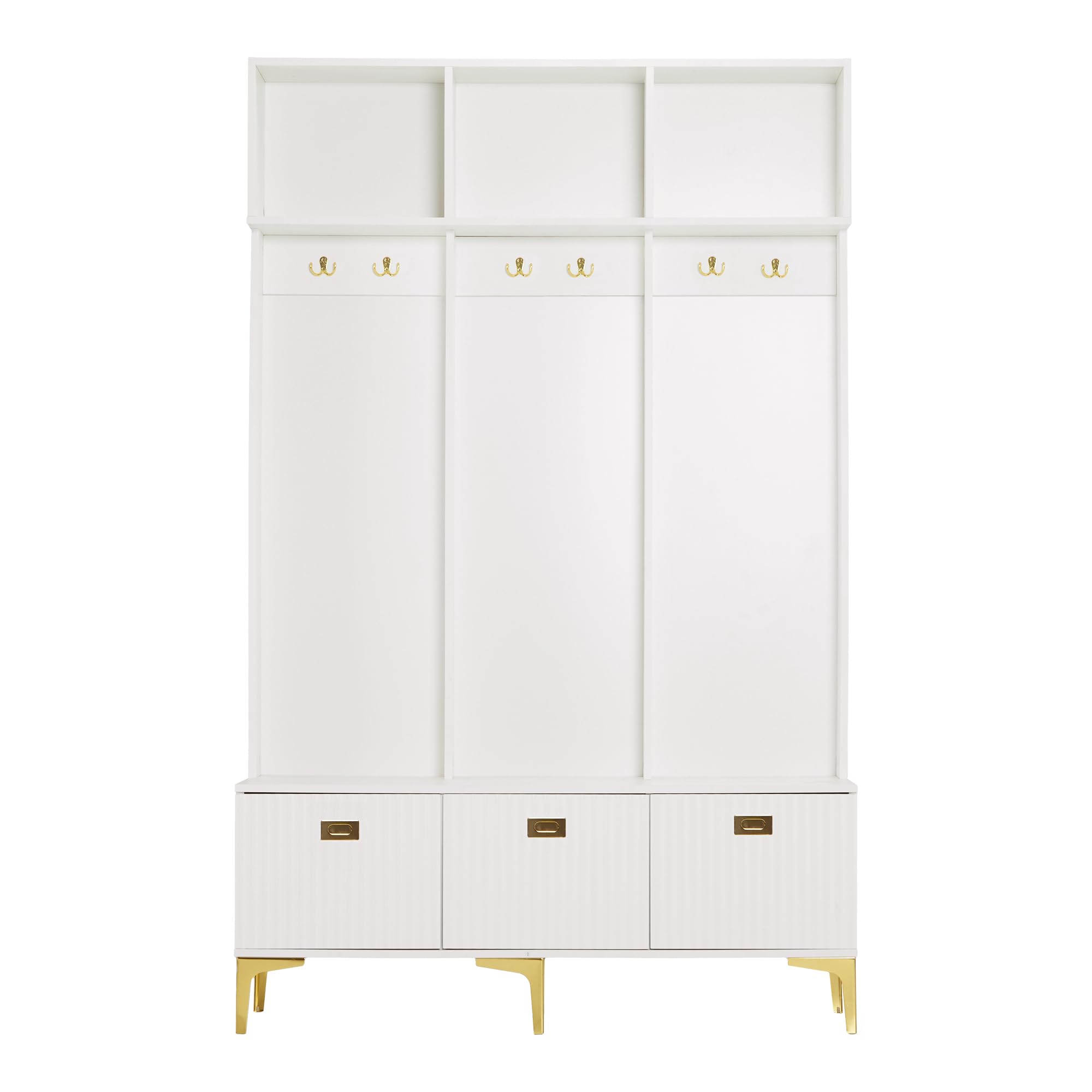 SUKY Set appendiabiti con panchina, bianco, 120 x 23,5 x 191,5 cm, multifunzionale, portaoggetti aperto, 6 ganci e piedi dorati, adatto per corridoio, soggiorno