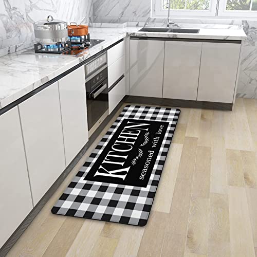 Black And White Buffalo Plaid Kitchen Rugs, Set Of 2 Farmhouse Kitchen Quotes Checkered Kitchen Mats, Non-Skid Washable Anti Fatigue Comfort Standing Mats For Kitchen, Sink, 17.3X28+17.3X47 Inch #TOP7