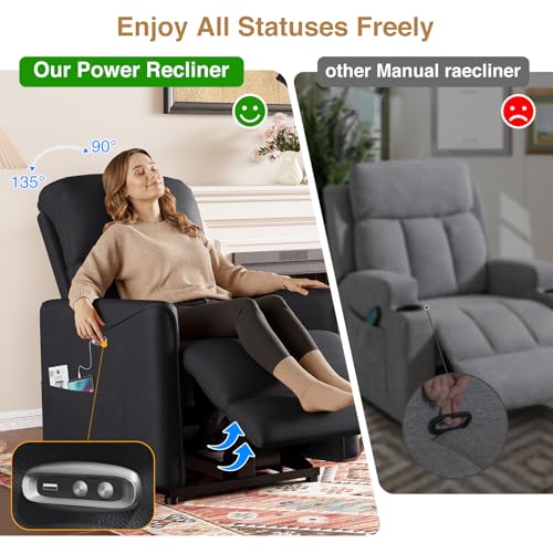 Power Recliner Chair, Reclining Chair, PU Leather Small Recliners for Small Spaces, Infinite Position Electric Recliner Chairs for Adults, Electric Recliners with USB Port & Side Pocket, Black - Image 4