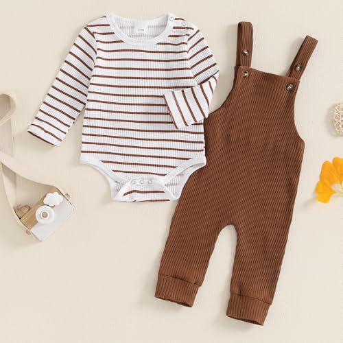 VISGOGO Newborn Baby Boy Clothes 0 3 6 12 18 Month Infant Boy Overalls Outfits Bodysuit Fall/Winter Stripe Romper Pants2