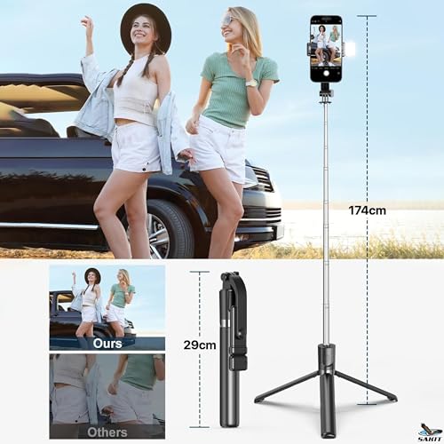 Image of Sakit Selfie Stick Tripod with Light, 67 inch /170CM Reinforced Tripod for Mobile Phone, Multi-Functional Bluetooth Long Selfie Stick for Travel,Vlogging,Compatible with iPhone and All Smartphones
