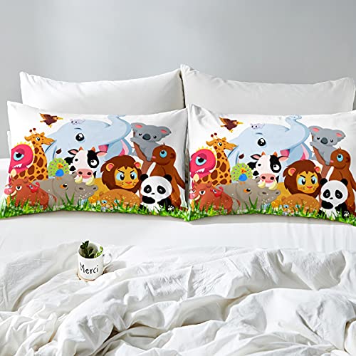 Animals Duvet Cover Twin, Kids Funny Cartoon Bedding Set Boys Girls Teen Comforter Cover Colorful Jungle Animal Lion Panda Sloth Elephant Giraffe Cow Peacock Elk Tree Leaf Zoo Party Decor Bedding #TOP3