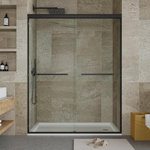 Image of 44-48 inch W x 72 inch H Frameless Sliding Shower Door, 5 /16 inch (8mm) SGCC Tempered Clear Glass with Easy-Clean Coating, 304 Stainless Steel Handle, Space-Saving Design for Walk-in Shower, Matte Black