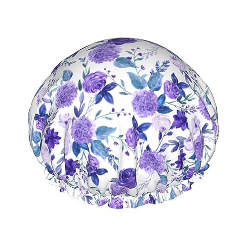 Image of Violet Purple Rose Shower Cap For Women Adjustable Double Waterproof Layers Bathing Shower Hat Hair Protection Reusable Ladies Spa Salon Shower Hat