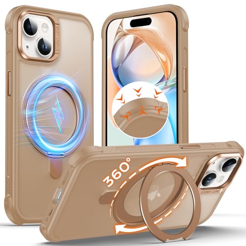 Coque iPhone 15 Pro MagSafe Anqrp dorée avec support rotatif 360
