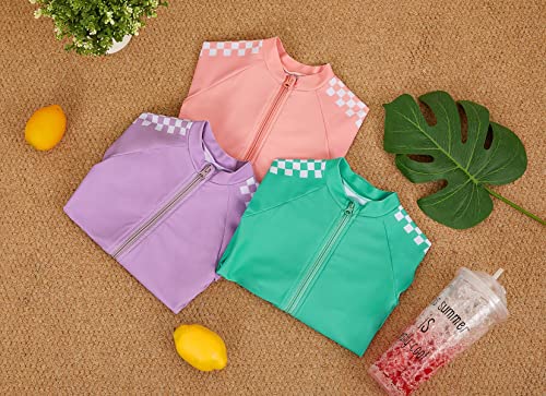 Girls One-Piece Swimsuits Plaid Long Sleeve Beachwear Zip Rash Guard Swimwears4