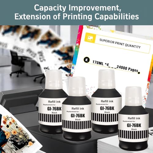 Image of KOSH GI-76 Ink Suitable Bulk Bottle Water Based Refill Ink for Canon MAXIFY GX5070,GX6070,GX7070 Printers 135ml Each Bottle (4, Black Pack of 4)