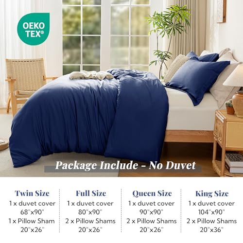 Image of MILDLY Duvet Cover Queen Ultra Soft Comforter Cover Set 3pcs, Navy Blue | Washed Microfiber Cotton-Like, Breathable Comfort, Hidden Zipper, Corner Ties, OEKO-TEX Certified, Fade Resistant