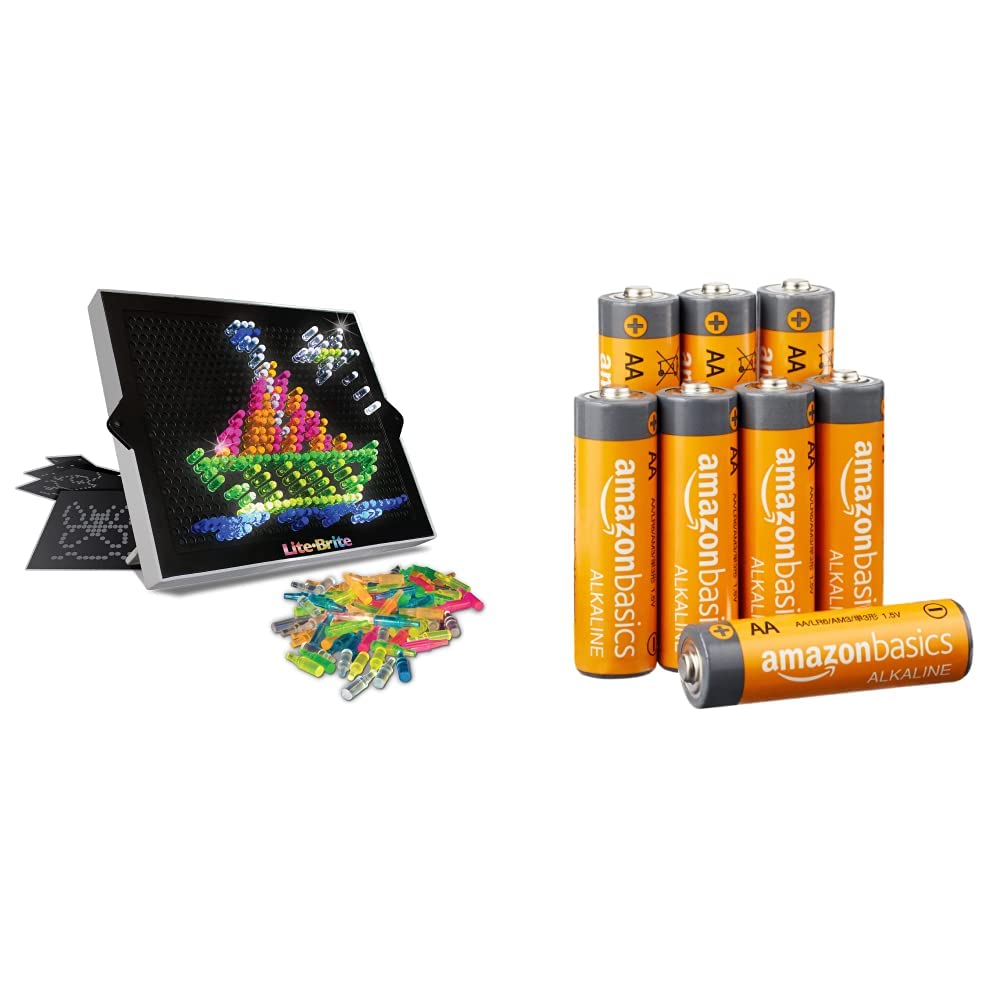 Basic Fun 2215 Lite-Brite Ultimate Classic, Light Up Drawing Board, LED Drawing Board with Colours, Aged 4+ & Amazon Basics AA 1.5 Volt Performance Alkaline Batteries - Pack of 8 (Appearance may vary)