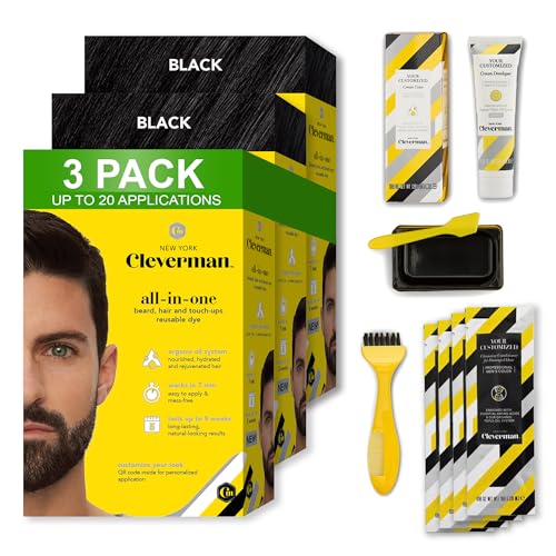 3x2 Pack Cleverman Black Hair & Beard Dye for Men, All-in-One Reusable Kit - Mens Color For Natural-Looking Gray Coverage, Professional-Quality and Ammonia-Free for Hair, Beard & Gray Mustache