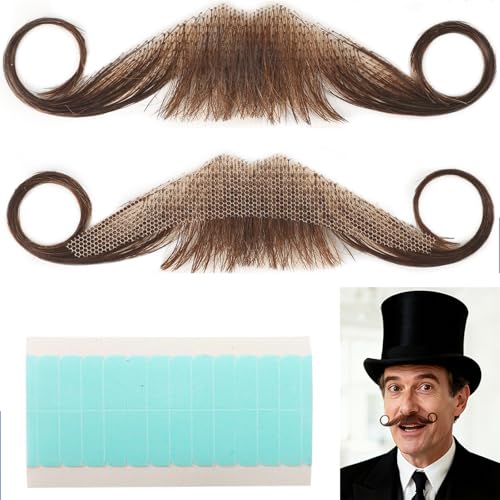 Fake Mustaches Realistic 100% Human Hair Full Hand-Tied Fake Beard with Invisible Lace & Mustache Reusable Costume Beard with Adhesive Tape for Men Halloween Cosplay Theater Movie & Party Makeup