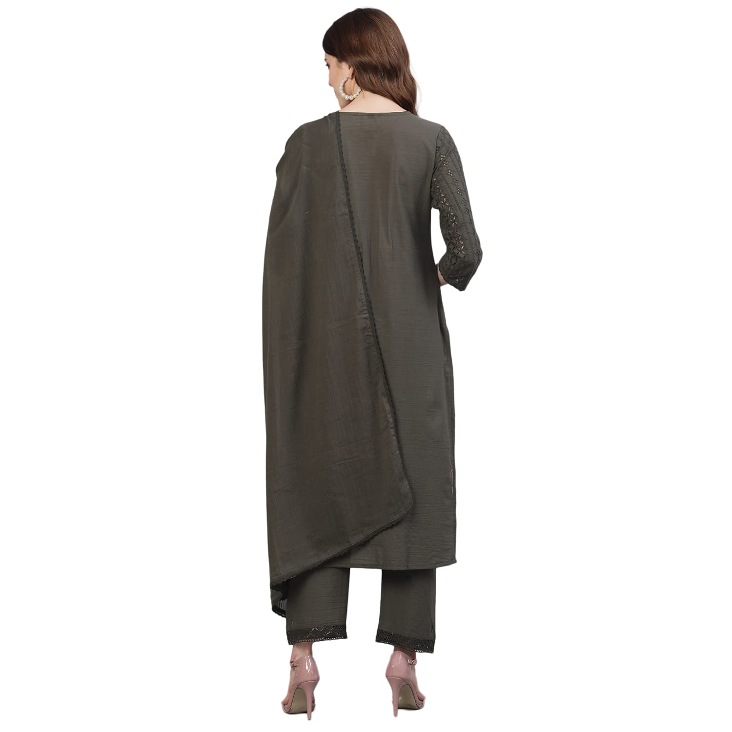 Ishin Women's Pure Cotton Embroidered A-Line Kurta Suit Set With Dupatta & Pants Kpldflowmp-10094_L_Olive