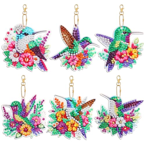 JSRQT Lot de 6 porte-clés 5D autocollants de broderie diamant - Oiseaux et fleurs - Pour adultes et enfants - Mosaïque - Pendentifs décoratifs pour sac à...