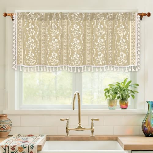 Image of Yinhua 2 Pack Boho Valance Curtains Vintage Linen Natural Kitchen Valances for Windows Light Filtering Bohemian Valance Rod Pocket Farmhouse Tassel Window Valances for Bathroom Cafe, 52 inch W X 18 inch L