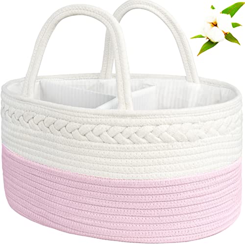 Image of ABenkle Baby Diaper Caddy, Nursery Storage Bin and Car Organizer for Diapers and Baby Wipes, Cotton Rope Diaper Basket Caddy, Changing Table Diaper Storage Caddy Baby Gift Baskets, Pink