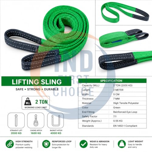 Image of IND Polyester Webbing Sling 2 ton 2 mtr | Heavy Duty Flat Eye to Eye Lifting Belt | Multiple Capacity & Length Variations for Crane, Hoist, Material Handling & Rigging