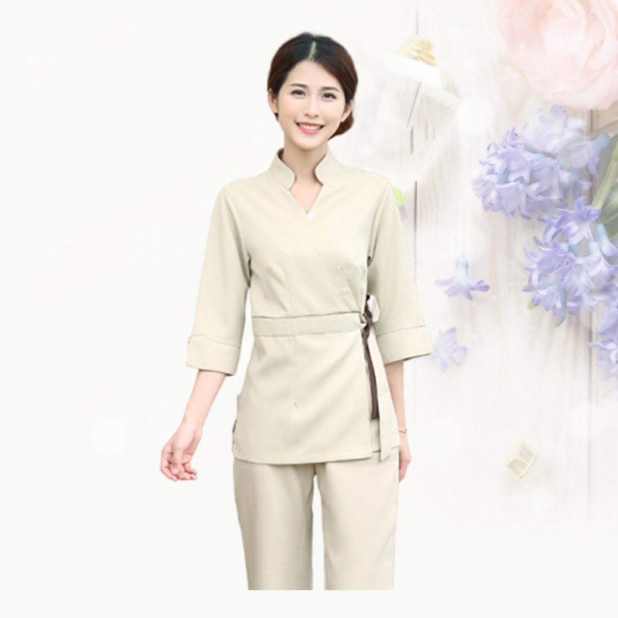 Uniforme de Salón de Belleza de 2 Piezas para Mujer Beige | Algodón y Poliéster, Manga Larga Simple y Cómoda, Fácil de Poner y Quitar