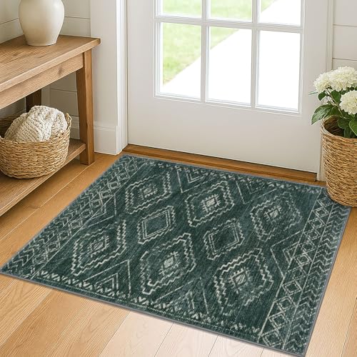 KILOCOCO Boho Entryway Rug 2x3 Printed Small Area Rug Indoor Door Mat Machine Washable Kitchen Rugs Super Soft Non Slip Throw Rugs for Bedroom Entrance Geometric Laundry Room, Green