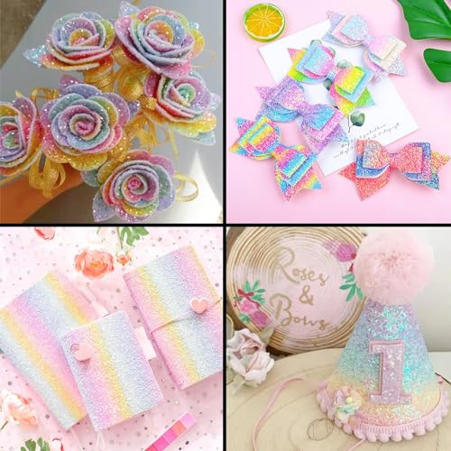 Image of Pastel Rainbow Chunky Glitter Faux Leather Roll 12 x 52 inch Shiny Iridescent PU Fabric for DIY Fuse Beads Iron-On Crafts, Bows, Earrings (18001#2)