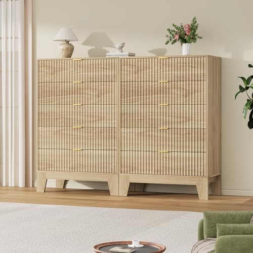 Image of Garvee 5 Drawer Dresser for Bedroom, 47 inch Tall Fluted Chest of Drawers with Metal Handle, Modern Wooden Dresser TV Stand, Clothes Storage Organizer Wood Closet for Hallway, Entryway, Natural Oak