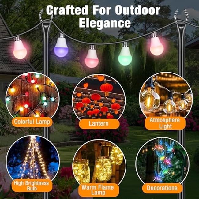 String Light Poles 4 Pack,10FT Metal String Light Poles for Outside, Adjustable Outdoor Poles for Patio, Deck, Garden, Wedding, Backyard, Christmas Party Decor, Sturdy with Hooks