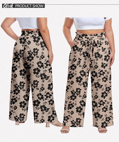 Image of OLRIK Women's Plus Size Pants Adjustable High Waisted Wide Leg Palazzo Pants Casual Trousers with Pockets Spring Clothes