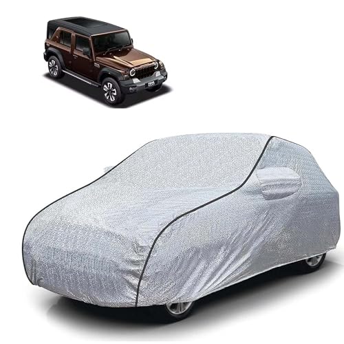 Image of Sulfar 100% Waterproof Car Body Cover Compatible with Mirror for Mahindra Thar Roxx (Triple Stitched, Full Bottom Elastic, Magic Silver with Black Piping)
