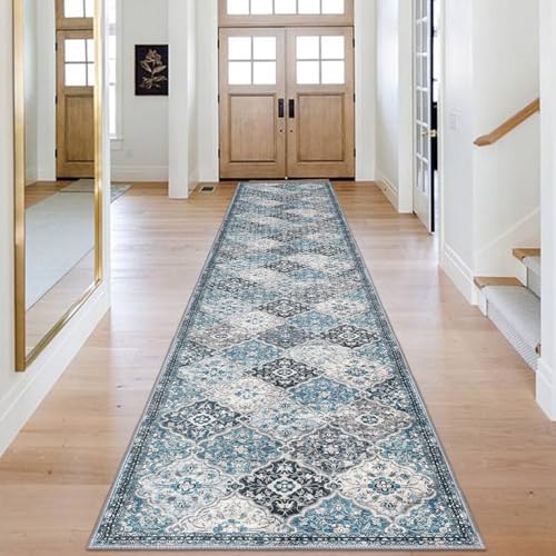 KILOCOCO 2.6x18 Runner Rug, Moroccan Super Soft Washable Hallway Entryway Runner Rug, Accent Print Faux Wool Kitchen Runner Non-Slip Boho Carpet for Laundry Room Bedroom, Blue/Multi